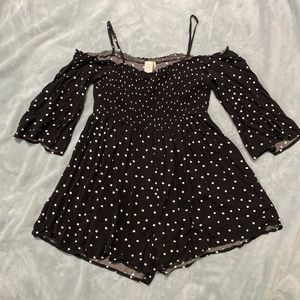 Adorable polka dot off shoulder romper w/ bell sleeves
